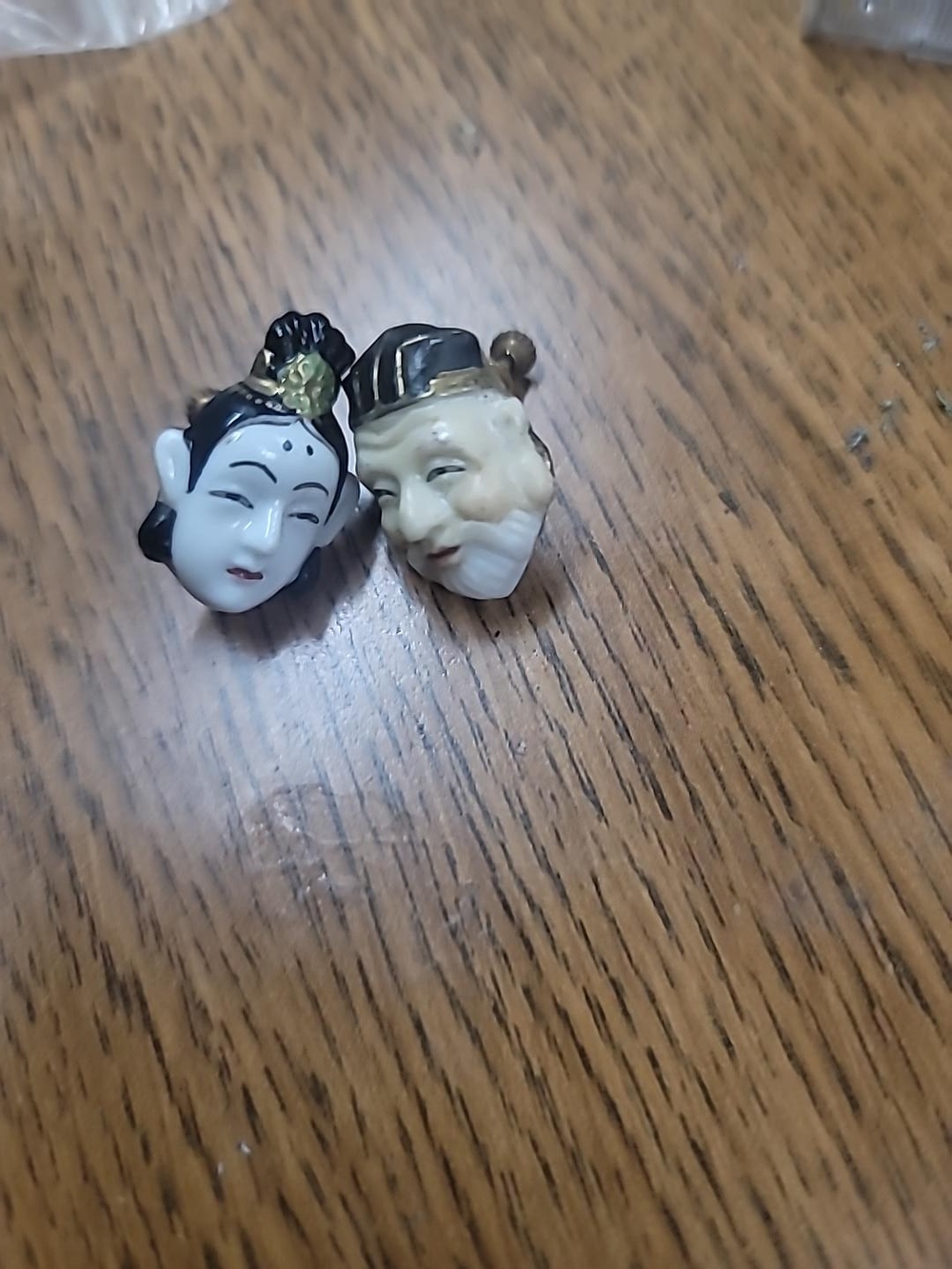 Vintage 12K GF Japanese Porcelain Benzaiten & Jurojin Toshikane Style Earrings
